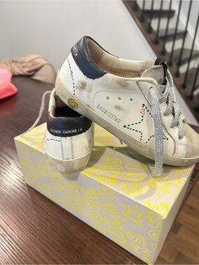 Golden Goose Kids White Sneakers with Navy Heel & Silver Laces